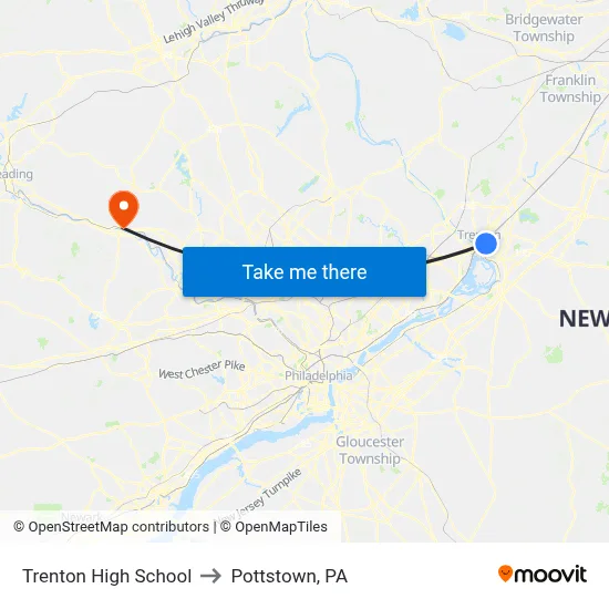 Trenton High School to Pottstown, PA map