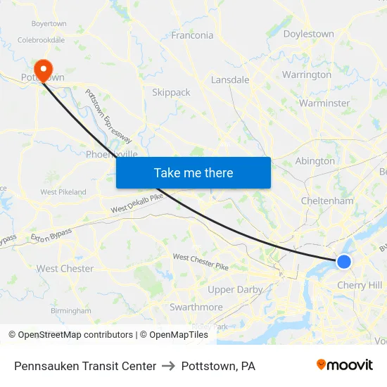 Pennsauken Transit Center to Pottstown, PA map
