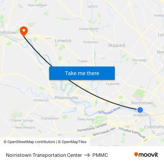 Norristown Transportation Center to PMMC map