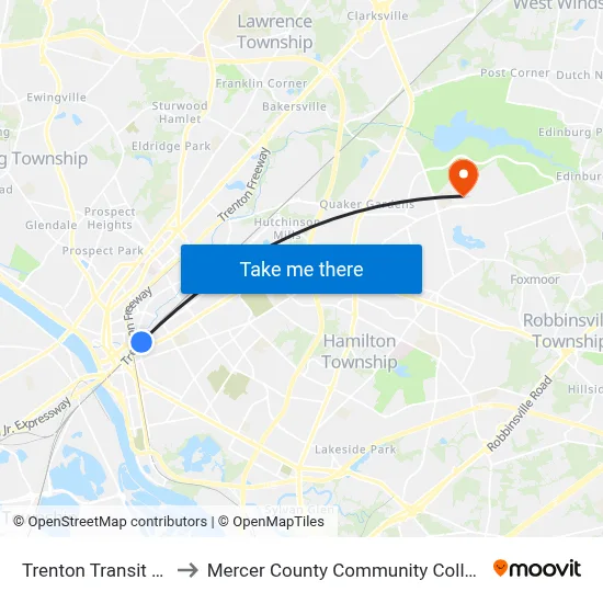 Trenton Transit Center to Mercer County Community College Library map