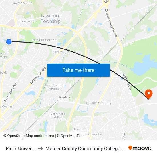 Rider University to Mercer County Community College Library map