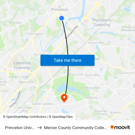 Princeton University to Mercer County Community College Library map