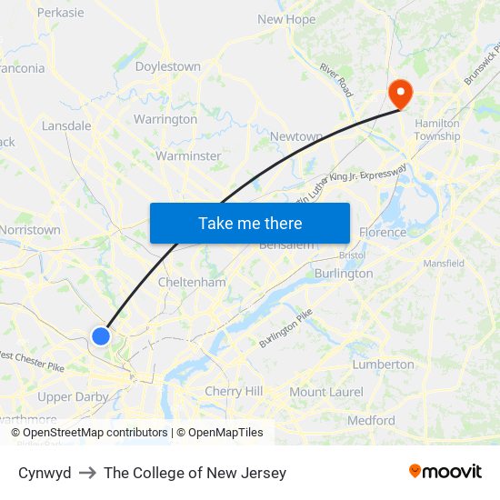 Cynwyd to The College of New Jersey map