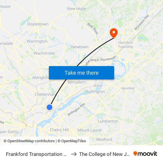 Frankford Transportation Center to The College of New Jersey map