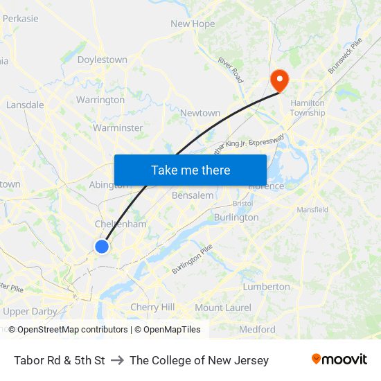 Tabor Rd & 5th St to The College of New Jersey map