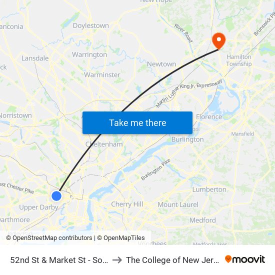 52nd St & Market St - South to The College of New Jersey map
