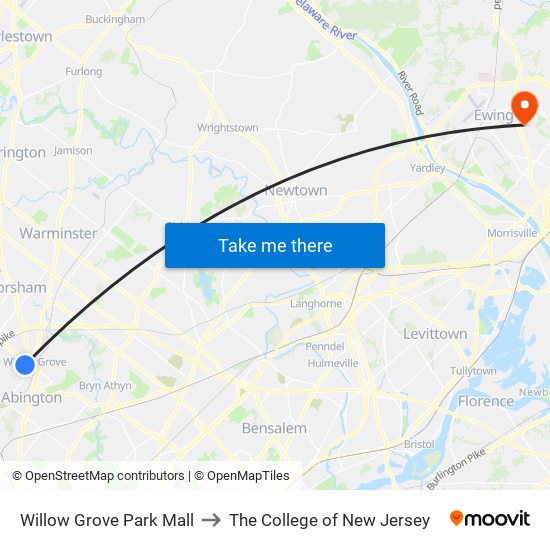 Willow Grove Park Mall to The College of New Jersey map