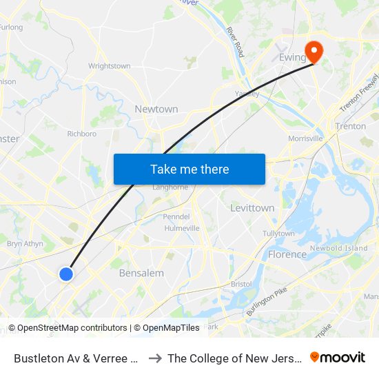 Bustleton Av & Verree Rd to The College of New Jersey map