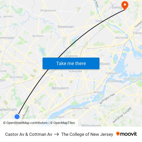 Castor Av & Cottman Av to The College of New Jersey map