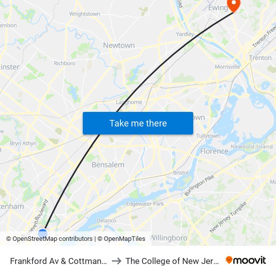 Frankford Av & Cottman Av to The College of New Jersey map