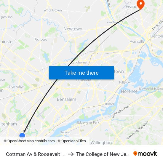 Cottman Av & Roosevelt Blvd to The College of New Jersey map