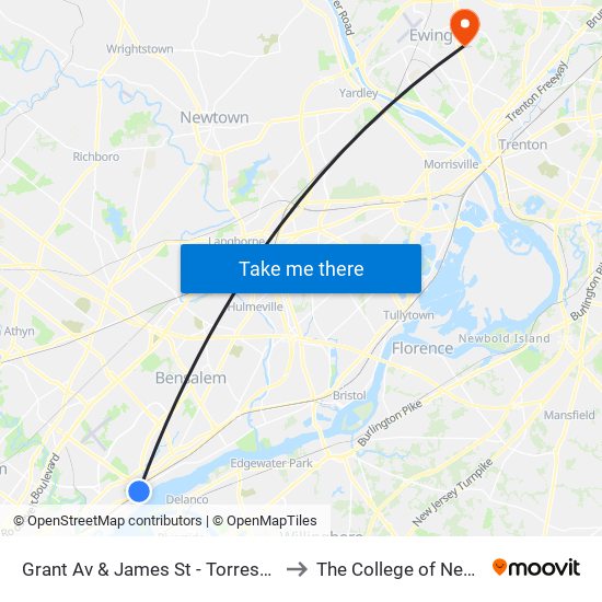 Grant Av & James St - Torresdale Station to The College of New Jersey map