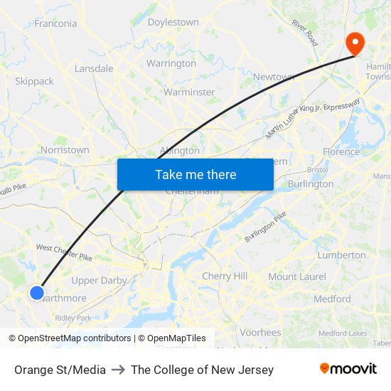 Orange St/Media to The College of New Jersey map