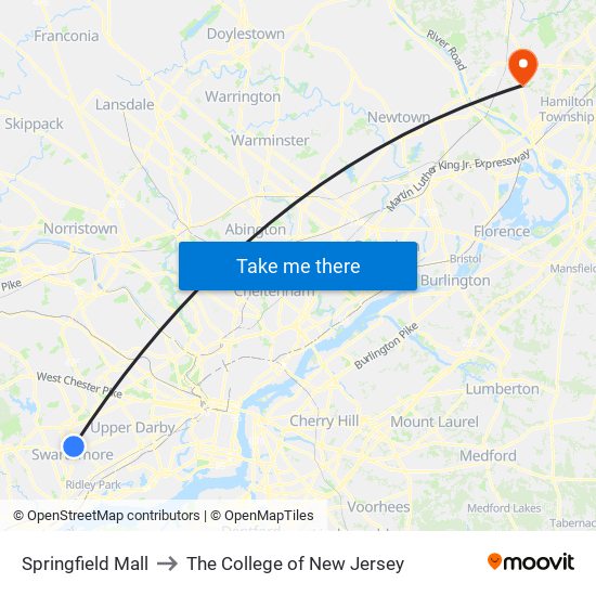 Springfield Mall to The College of New Jersey map