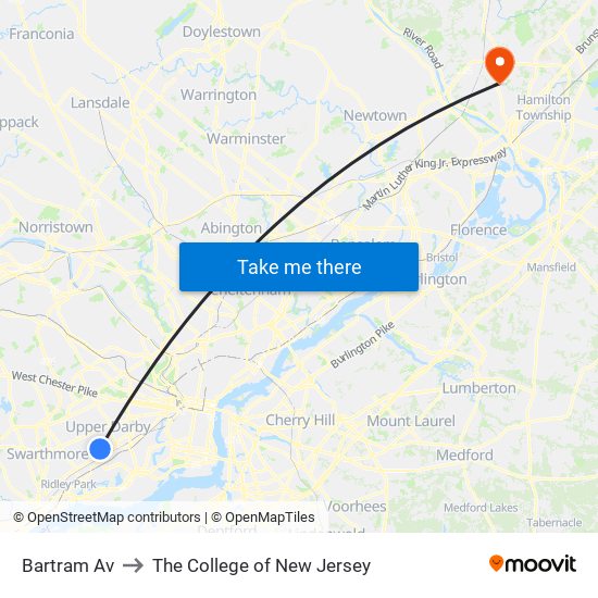 Bartram Av to The College of New Jersey map