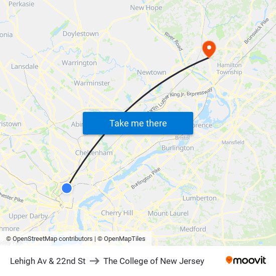 Lehigh Av & 22nd St to The College of New Jersey map