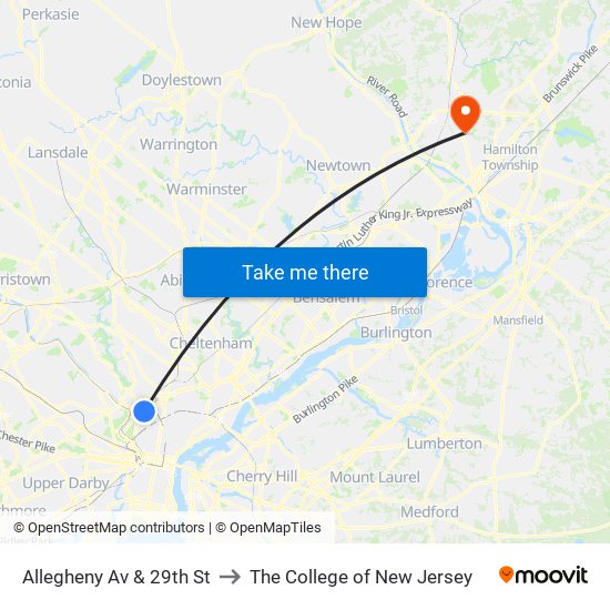 Allegheny Av & 29th St to The College of New Jersey map