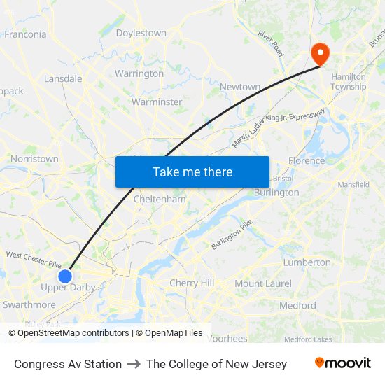 Congress Av Station to The College of New Jersey map