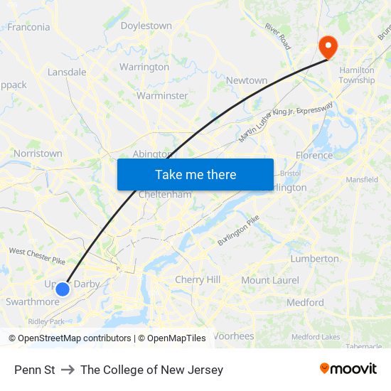 Penn St to The College of New Jersey map
