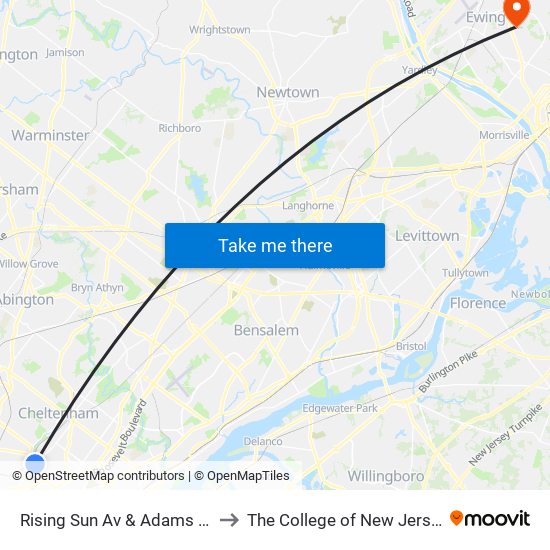 Rising Sun Av & Adams Av to The College of New Jersey map