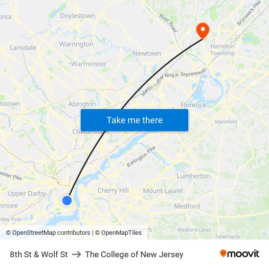 8th St & Wolf St to The College of New Jersey map