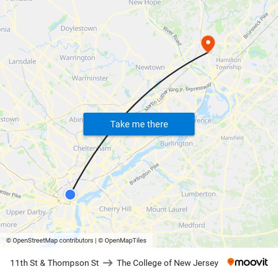 11th St & Thompson St to The College of New Jersey map