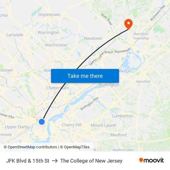JFK Blvd & 15th St to The College of New Jersey map