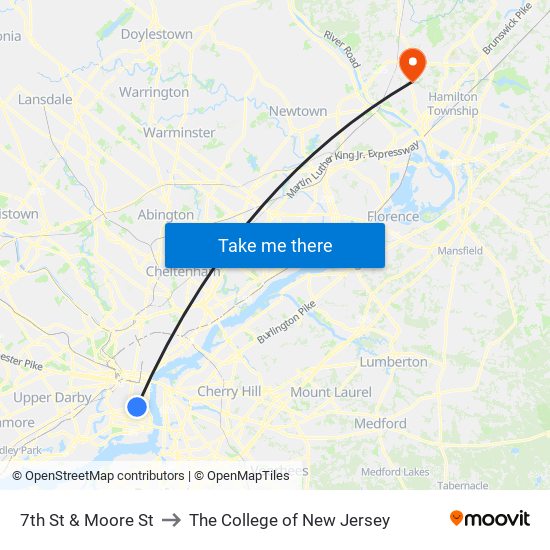 7th St & Moore St to The College of New Jersey map