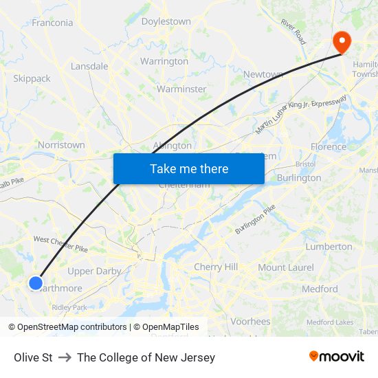Olive St to The College of New Jersey map