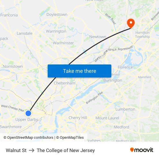 Walnut St to The College of New Jersey map