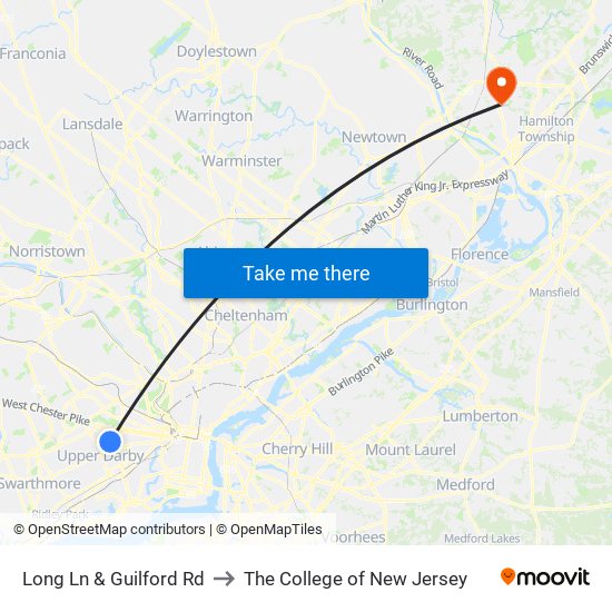 Long Ln & Guilford Rd to The College of New Jersey map