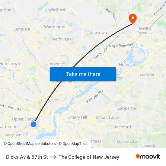 Dicks Av & 67th St to The College of New Jersey map