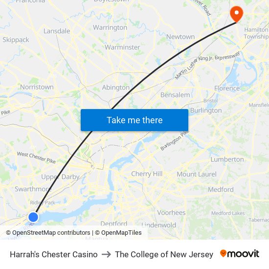 Harrah's Chester Casino to The College of New Jersey map