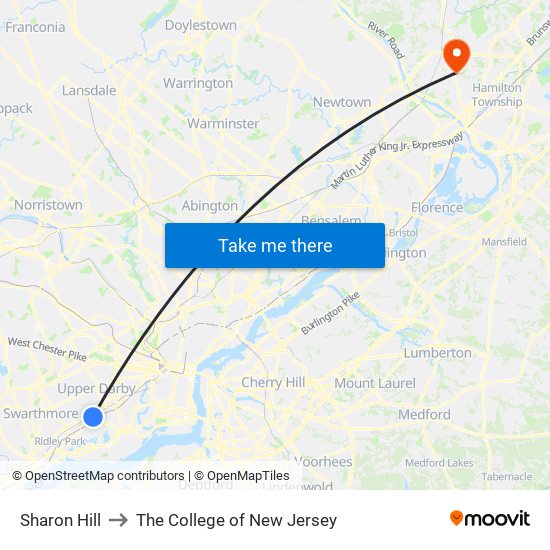 Sharon Hill to The College of New Jersey map