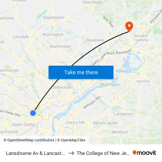 Lansdowne Av & Lancaster Av to The College of New Jersey map