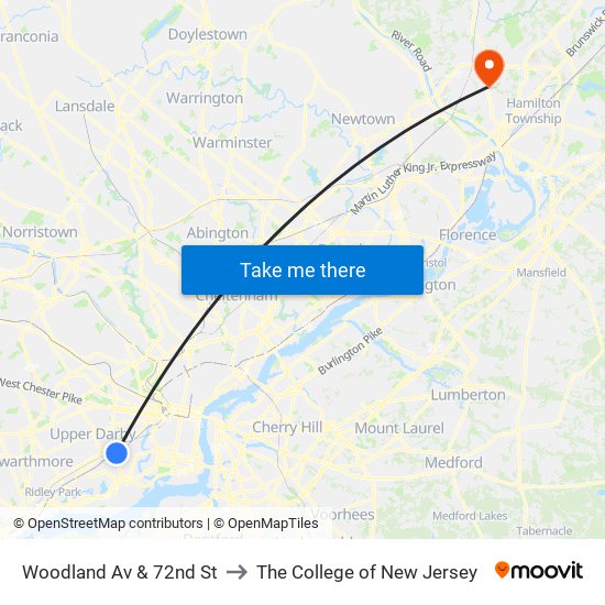 Woodland Av & 72nd St to The College of New Jersey map