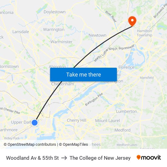 Woodland Av & 55th St to The College of New Jersey map