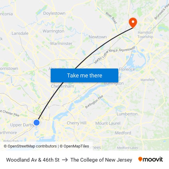 Woodland Av & 46th St to The College of New Jersey map