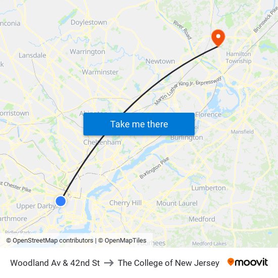 Woodland Av & 42nd St to The College of New Jersey map