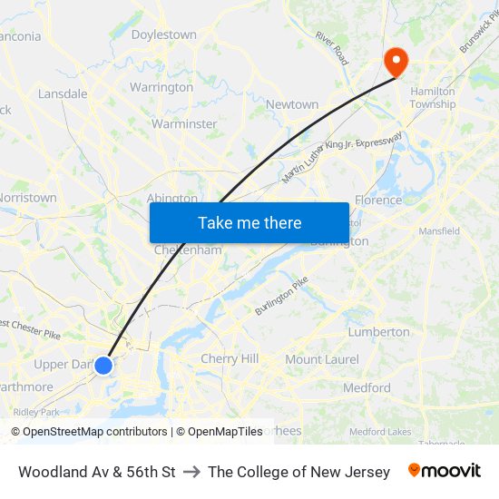Woodland Av & 56th St to The College of New Jersey map