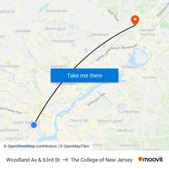 Woodland Av & 63rd St to The College of New Jersey map