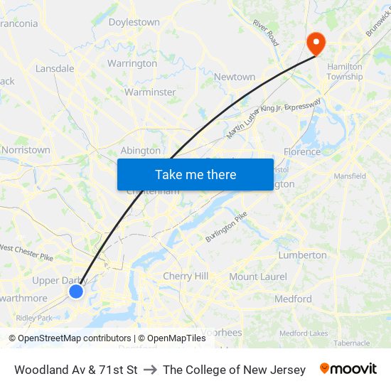 Woodland Av & 71st St to The College of New Jersey map