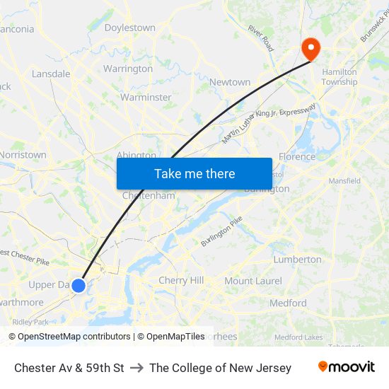 Chester Av & 59th St to The College of New Jersey map