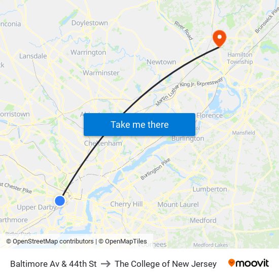 Baltimore Av & 44th St to The College of New Jersey map