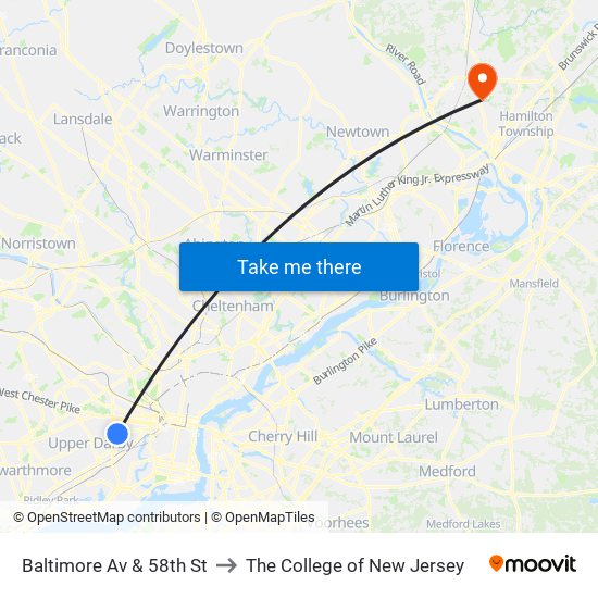 Baltimore Av & 58th St to The College of New Jersey map