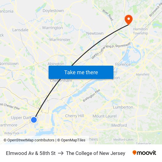 Elmwood Av & 58th St to The College of New Jersey map