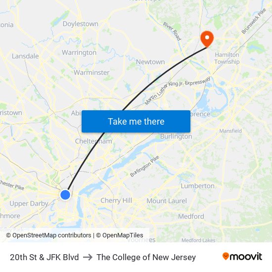 20th St & JFK Blvd to The College of New Jersey map