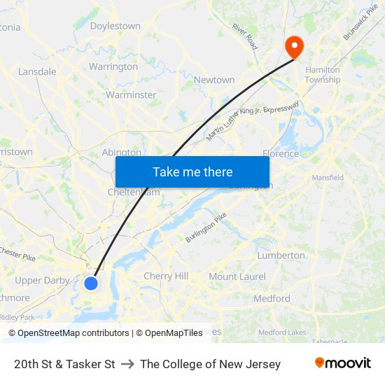 20th St & Tasker St to The College of New Jersey map