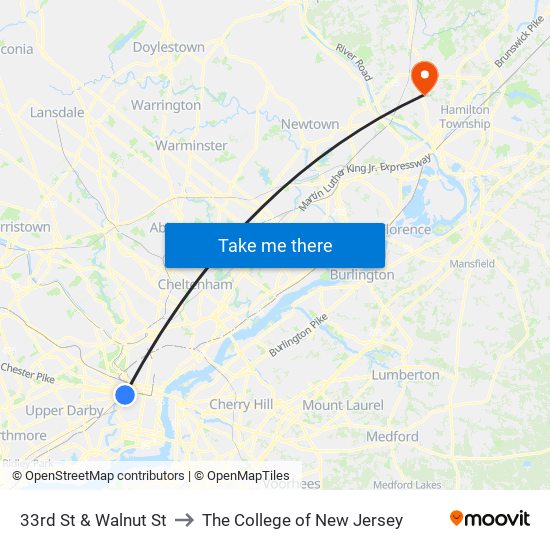 33rd St & Walnut St to The College of New Jersey map