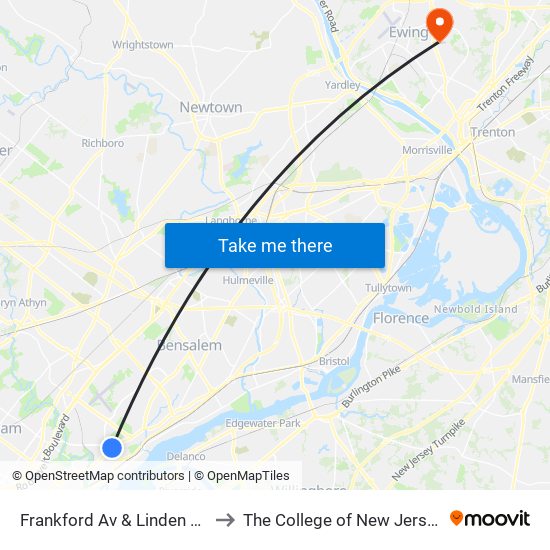 Frankford Av & Linden Av to The College of New Jersey map